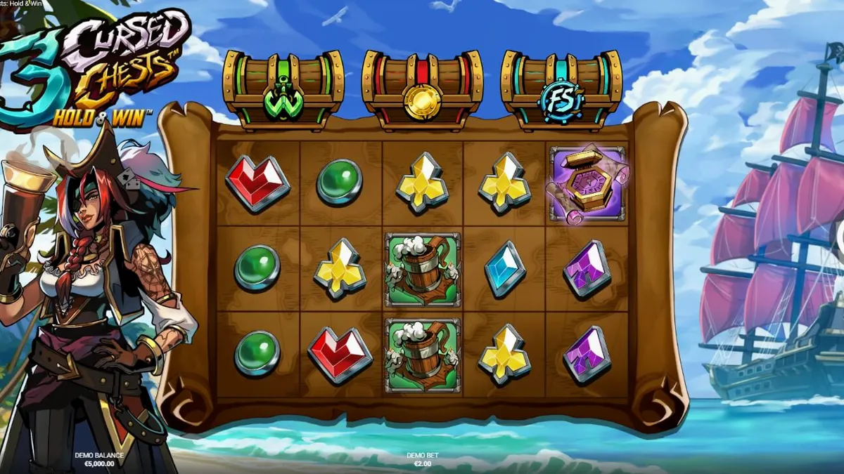 Tampilan visual slot 3 Cursed Chests: Hold & Win dengan tema bajak laut gelap